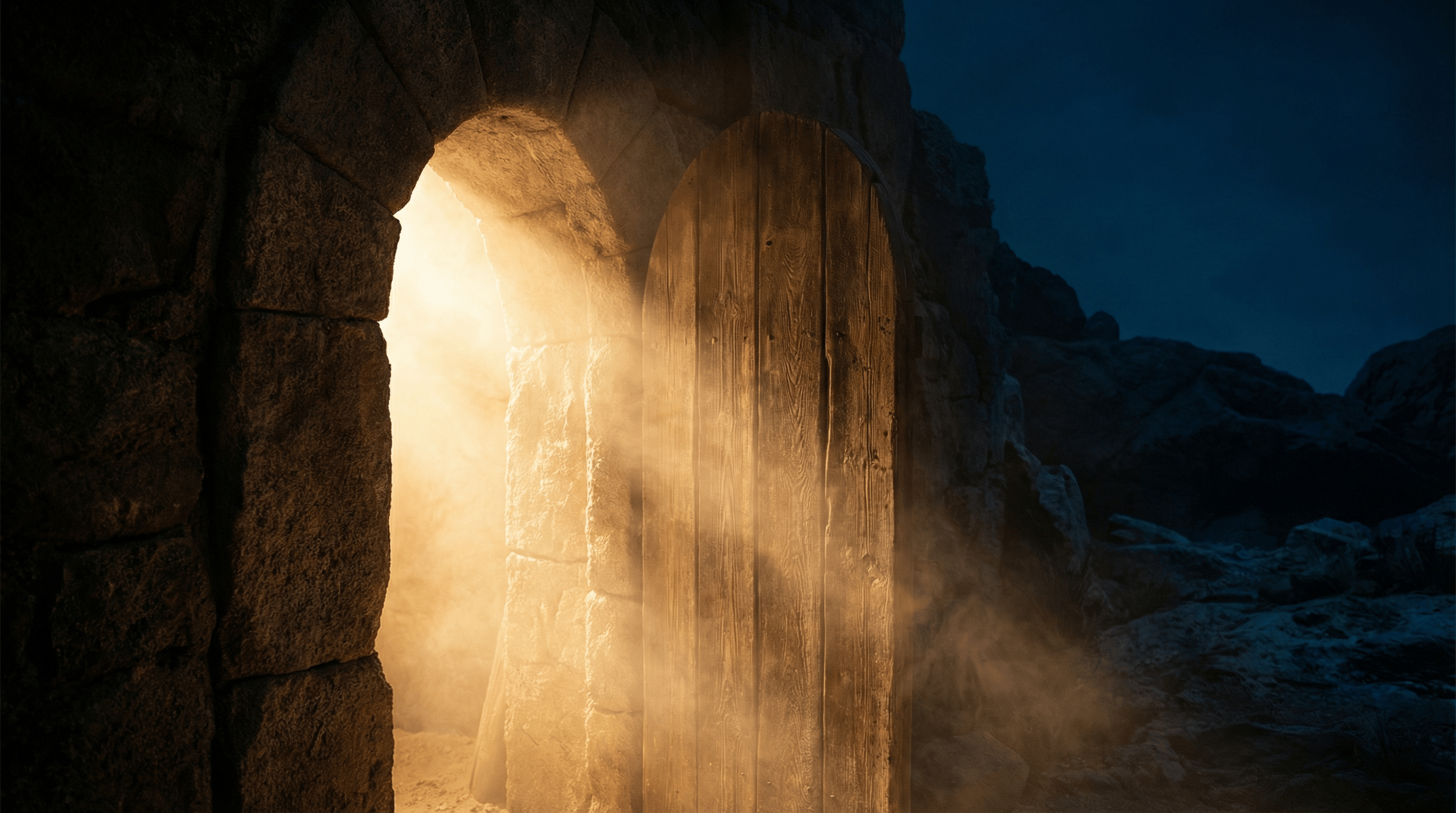 Symbolic image of a partially closed ancient door with golden light shining through, representing the Parable of the Ten Virgins and readiness for the wedding banquet.