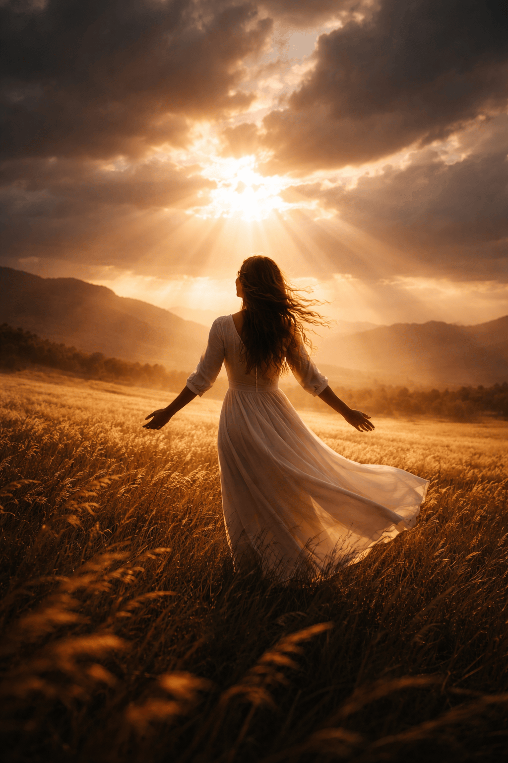 woman standing in sunrise field speaking declarations of faith