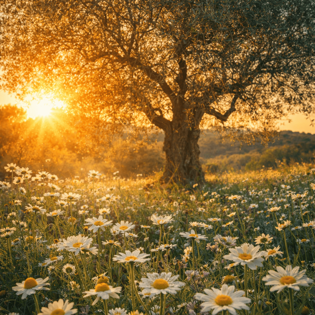 Golden sunrise over an olive tree with wildflowers symbolizing revival with purpose, faith, and seeking God’s Kingdom first