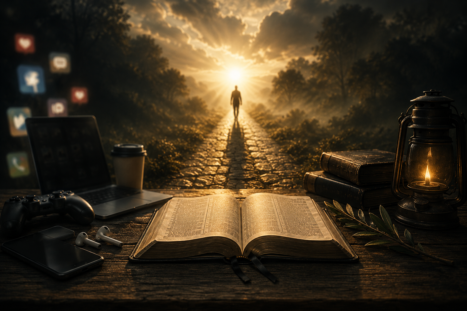“Cinematic Christian blog cover showing an open Bible illuminated by warm golden light beside modern technology and distractions, symbolizing spiritual deception and distraction from God.”