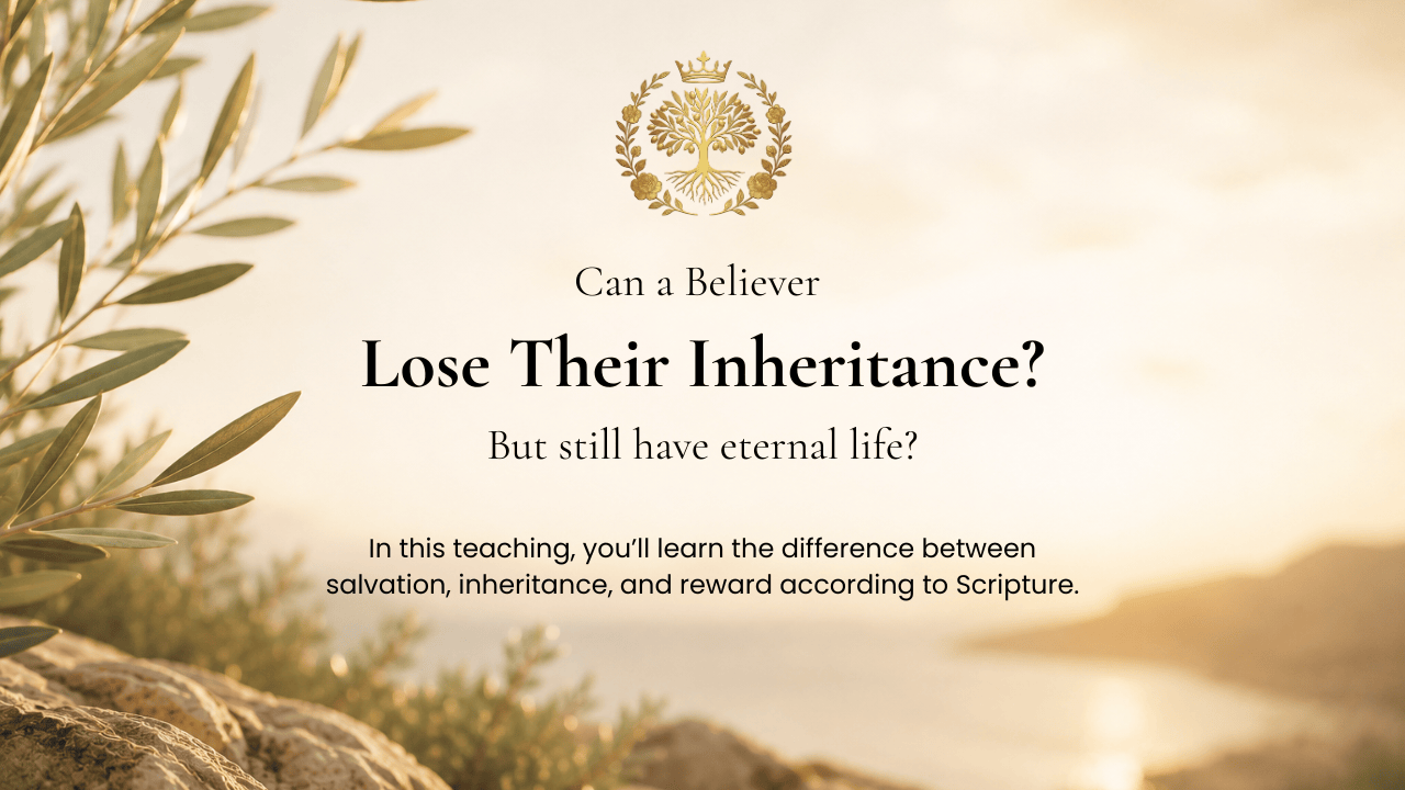 Elegant faith-based teaching graphic featuring olive branches, warm golden sunlight, and minimalist typography reading “Can a Believer Lose Their Inheritance? But still have eternal life?” with a soft coastal background and refined Christian branding aesthetic.