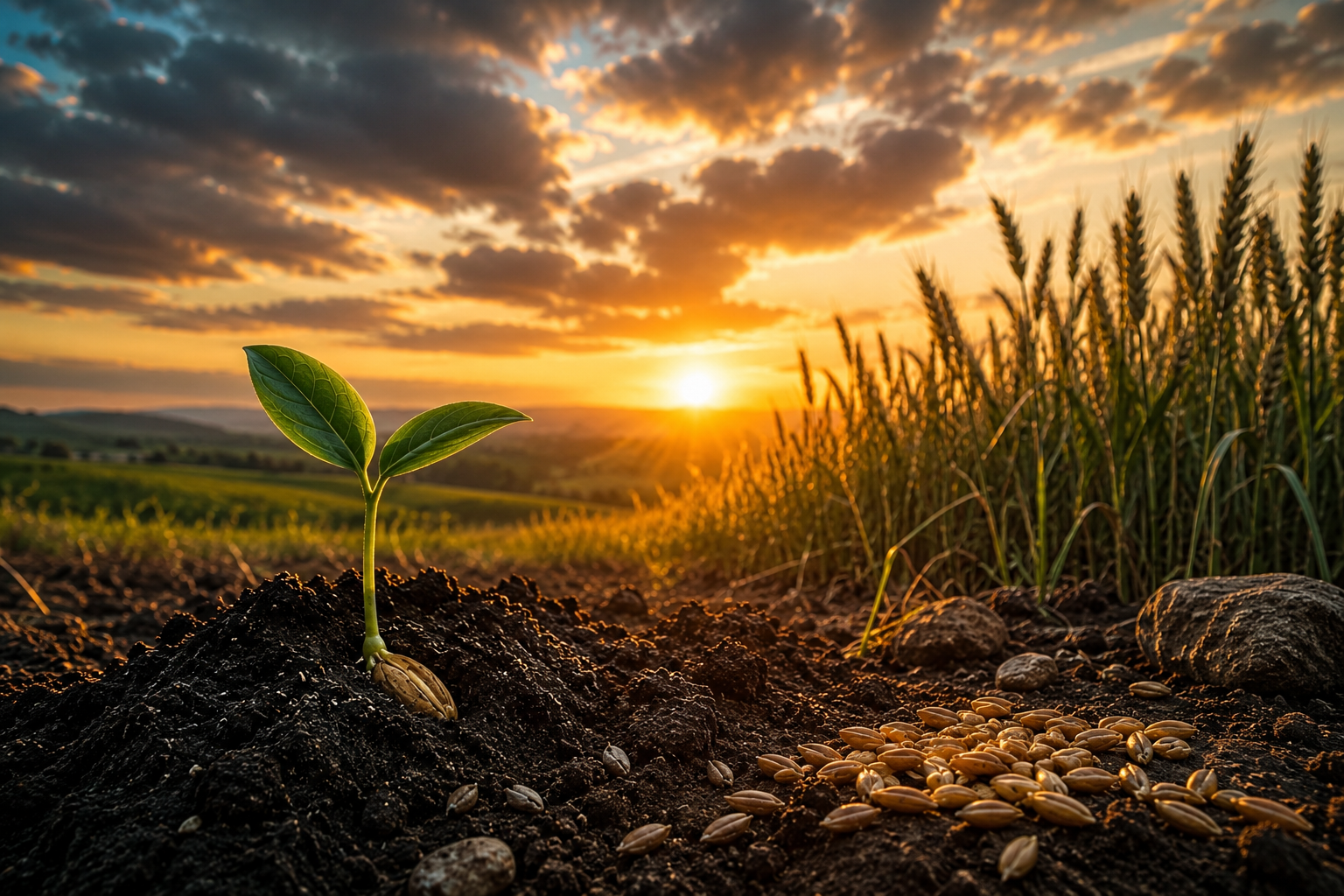 Golden sunrise over a peaceful countryside field with a young green seedling emerging from rich dark soil, surrounded by scattered seeds and glowing warm light, symbolizing faith, growth, abundance, and the biblical principle of sowing and reaping.
