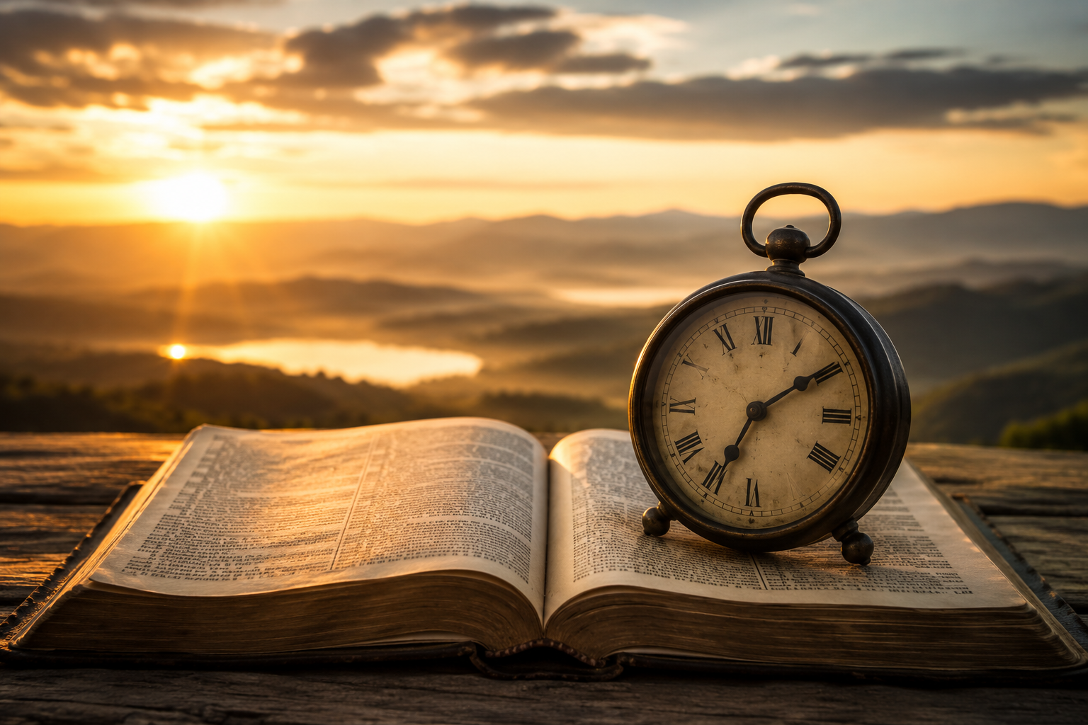Vintage clock resting on an open Bible at sunrise, symbolizing the fleeting nature of time and the importance of living according to God's purpose before it's too late.