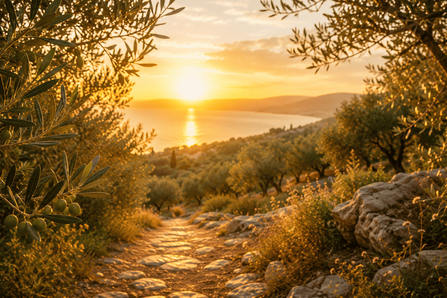 Golden sunset illuminating a winding stone path through an olive grove overlooking calm coastal waters. Warm golden light filters through olive branches and rocky terrain, creating a peaceful landscape that symbolizes reflection, spiritual direction, and the journey toward truth.
